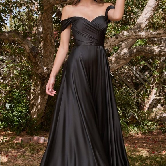 NEW BLACK A-LINE OFF THE SHOULDER SLEEVELESS SATIN DRESS WITH SIDE SLIT CD7493 - Picture 8 of 8